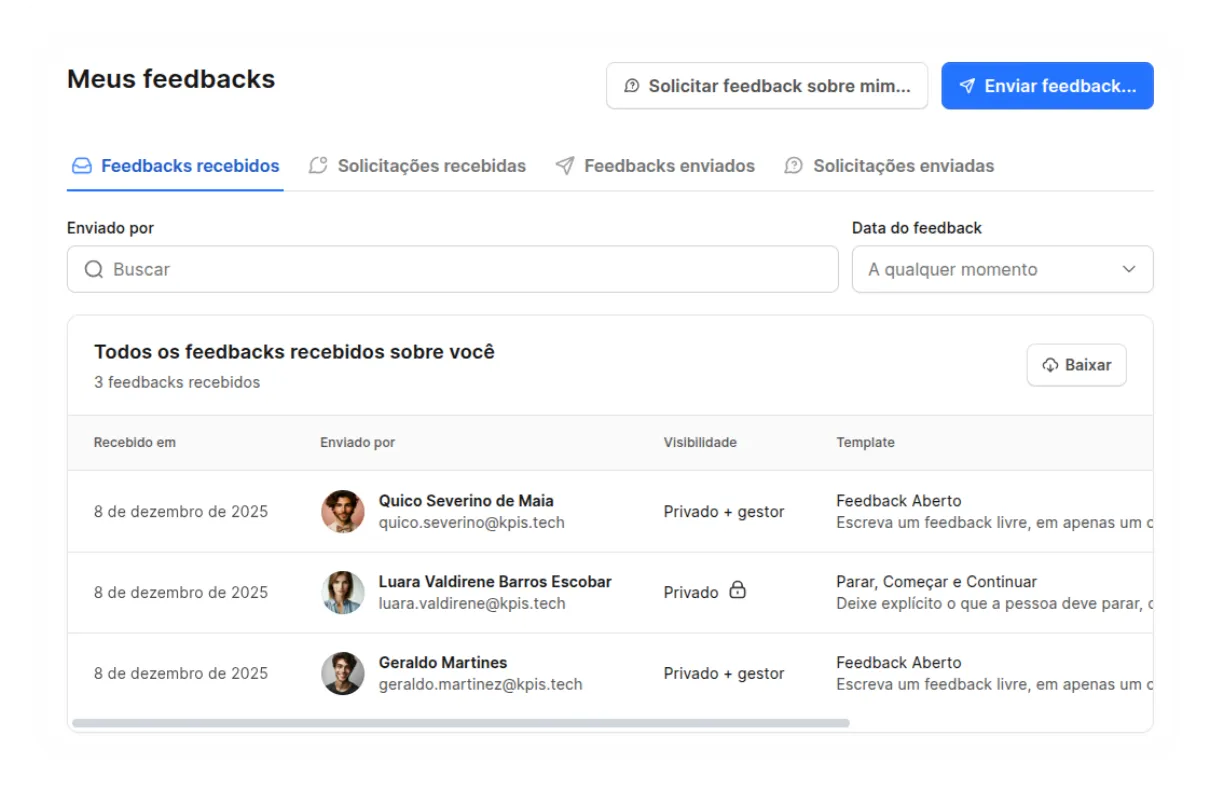 Tela de feedbacks da Alina com feedbacks recebidos, solicitações e histórico