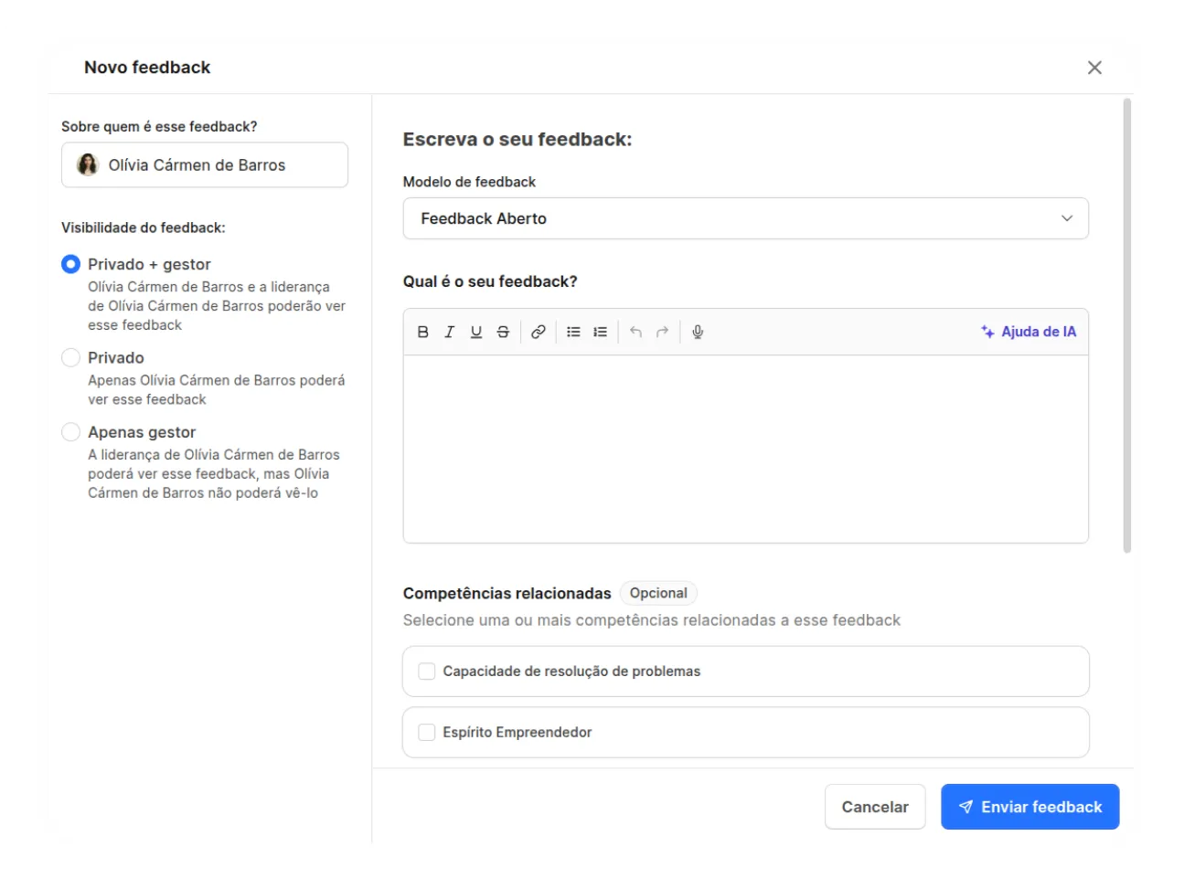 Tela da Alina para criar um novo feedback com modelo, visibilidade e perguntas abertas