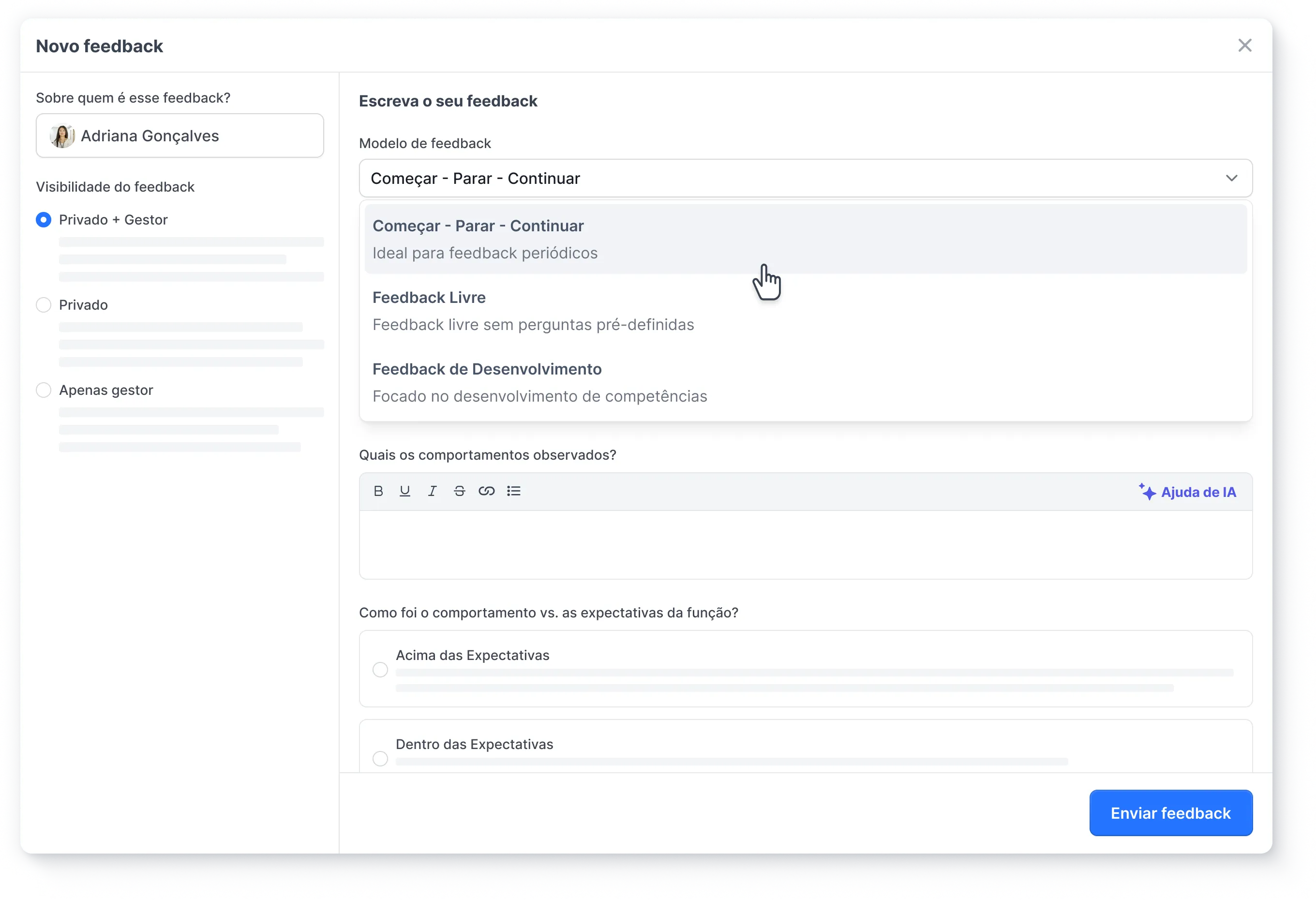 Tela de feedback contínuo na Alina