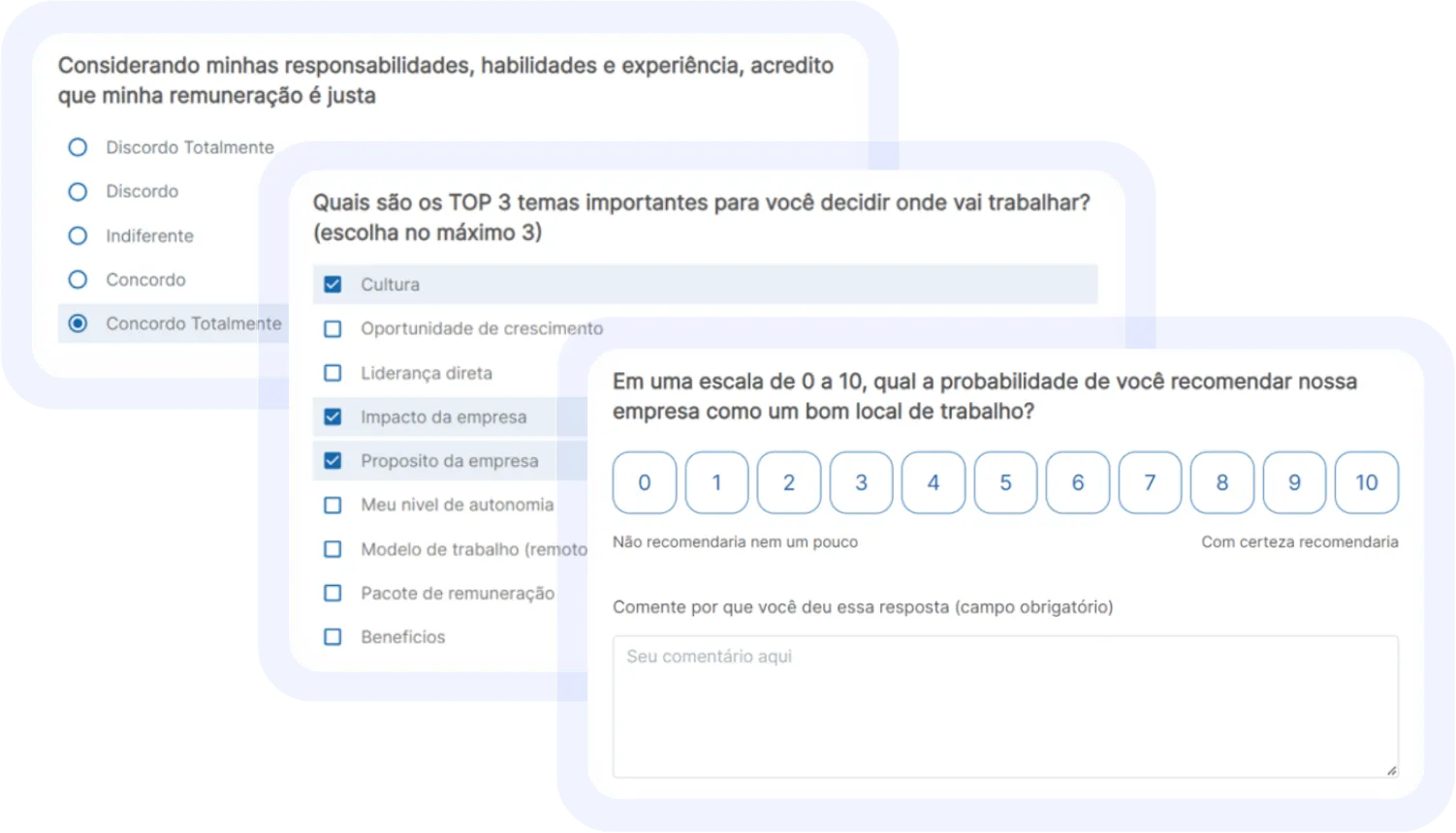 Exemplos de perguntas da Alina com seleção única, múltipla escolha e escala de zero a dez