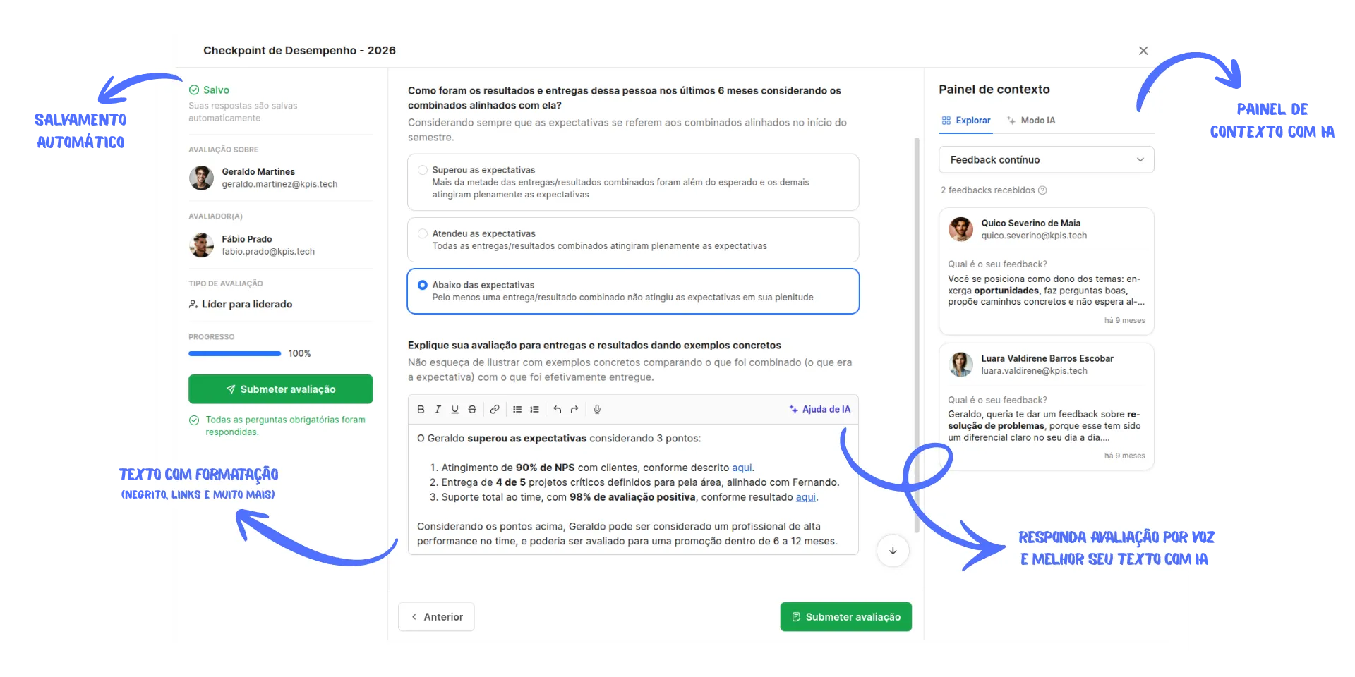 Formulário de Avaliação de Desempenho da Alina com painel de contexto do avaliado